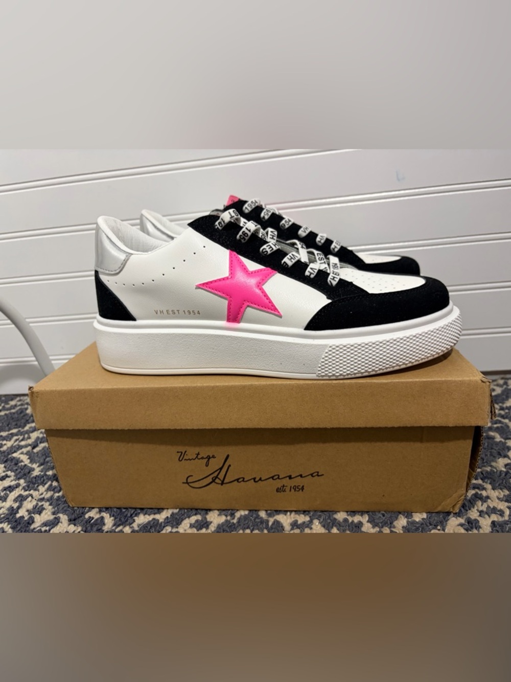 Vintage Havana Black & White Platform Sneakers with Pink Star Accent